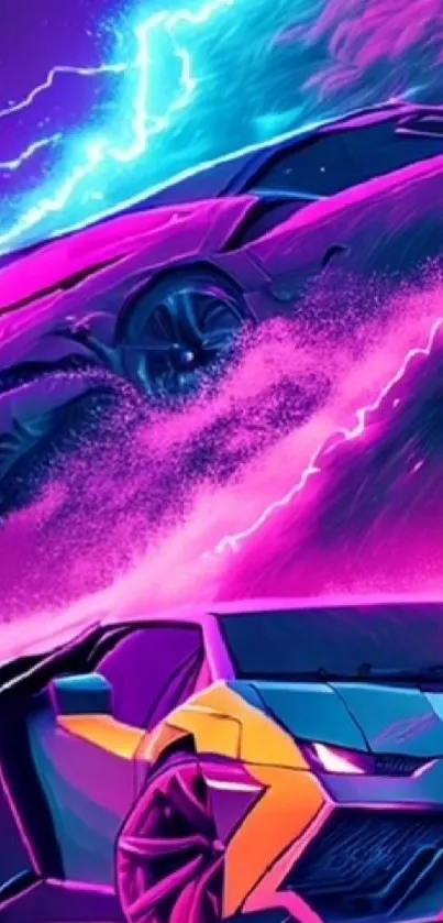 Futuristic neon cars in vibrant purple hues.