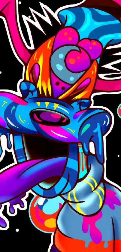 Vibrant neon cartoon character with cosmic bubbles.