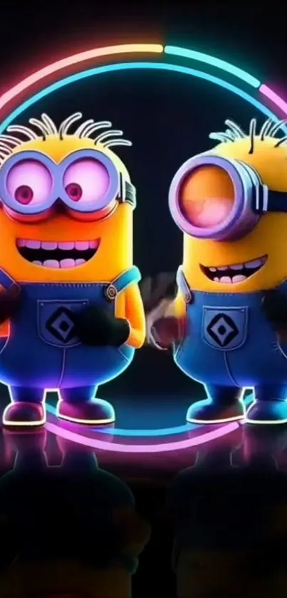 Cartoon minions with neon lights wallpaper