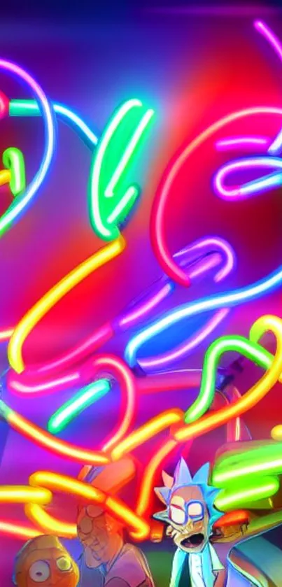 Vibrant neon cartoon wallpaper with colorful lights and dynamic designs.