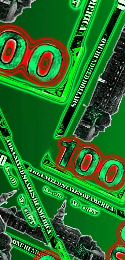 Neon green and red dollar bill pattern mobile wallpaper.