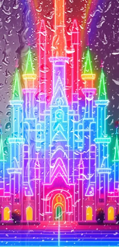 Colorful neon castle with vibrant lights.