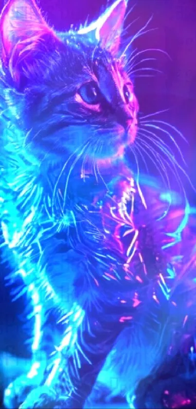 Vibrant neon-lit cat with stunning blue and purple hues.