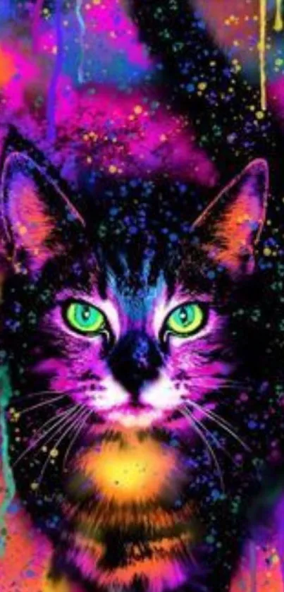 Neon cat in vibrant colors with artistic design on a mobile wallpaper.