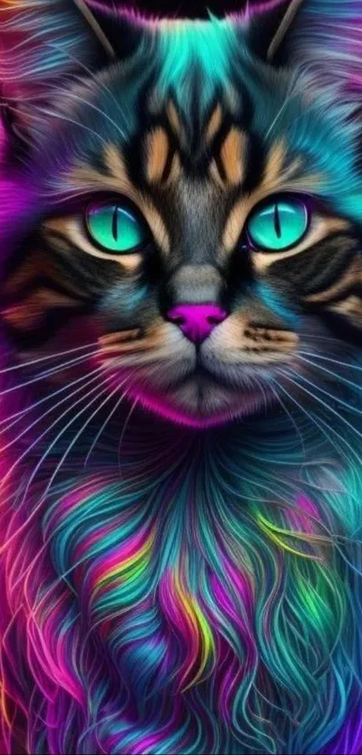 Vibrant neon cat art with colorful fur and striking green eyes.