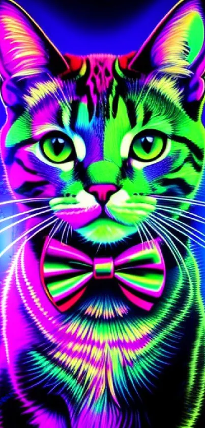 Vibrant neon cat art with bright colors and a bow tie.