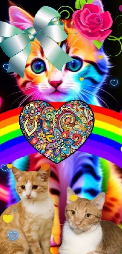 Vibrant neon cat with heart and rainbow, featuring colorful designs and bright accents.