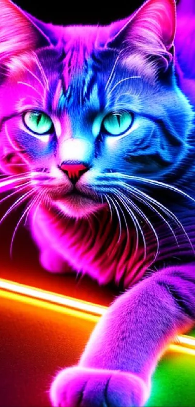 Vibrant neon cat with glowing colors in purple, pink, and blue hues.