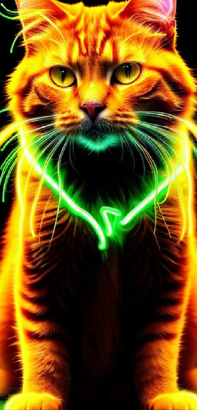 Neon-lit ginger cat with vibrant colors against a dark background.