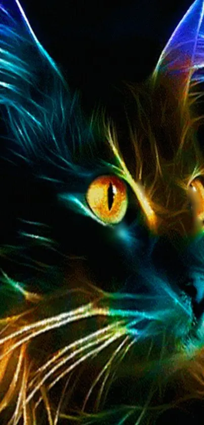 Colorful neon cat digital art wallpaper with glowing effects.