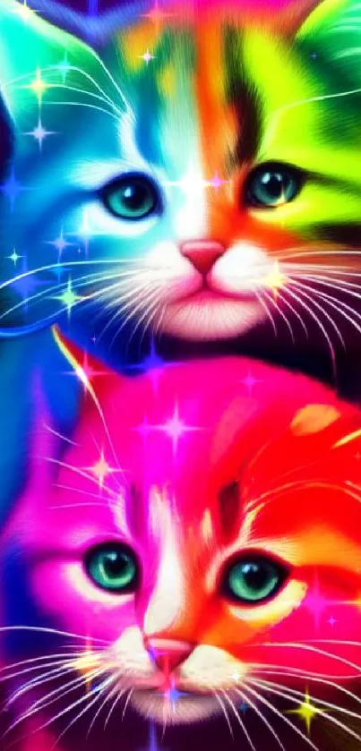 Colorful neon cats on a vibrant mobile wallpaper design.