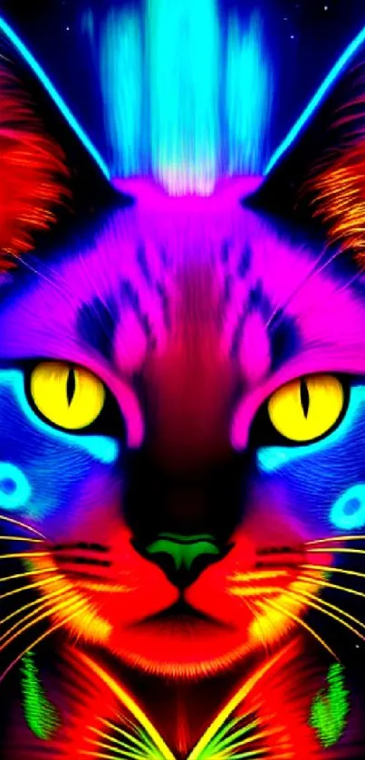 Colorful neon cat digital artwork with vibrant hues and abstract design.