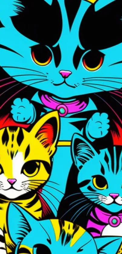 Neon kittens with vibrant colors and playful design for mobile wallpaper.