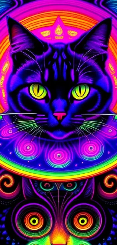 Psychedelic neon cat with vibrant, colorful patterns on a black background.