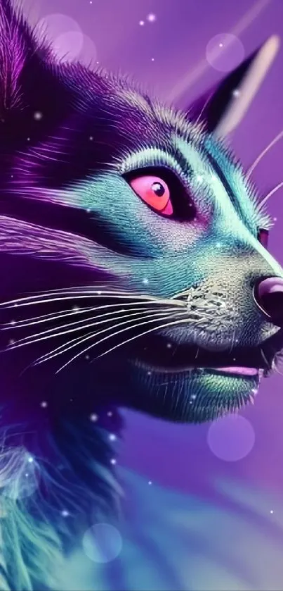 Neon cat digital artwork with vibrant purple and blue hues.