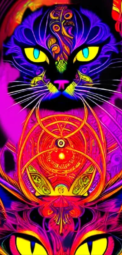 Psychedelic neon cat art with vibrant colors.