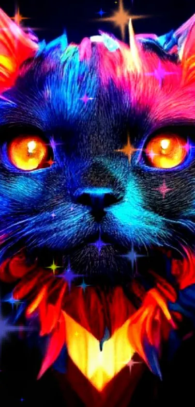 Vibrant neon cat artwork with bright colors and dark background.