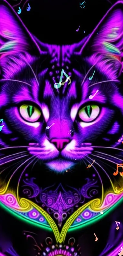 Vibrant neon psychedelic cat with musical notes wallpaper.