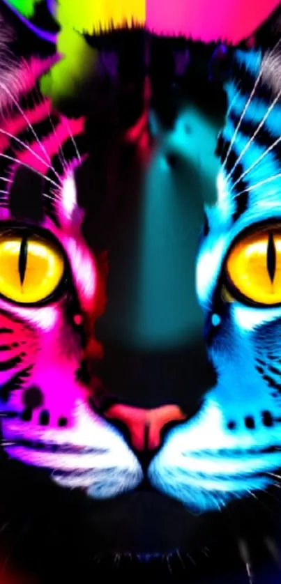 Vibrant neon cat art with pink, blue hues.