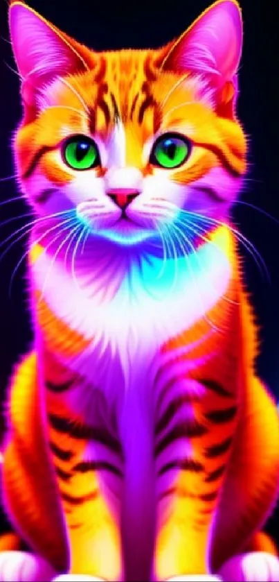 A vibrant neon cat with colorful lights against a dark background.