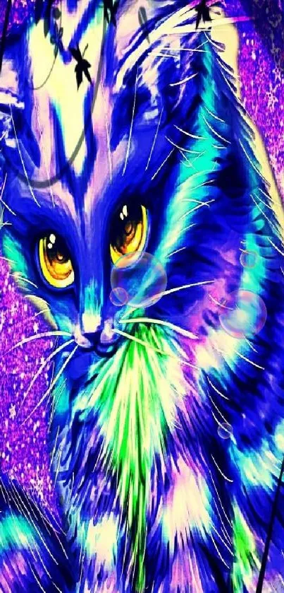 Vibrant neon purple and blue cat art wallpaper for mobile.