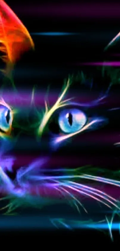 Vibrant neon cat digital art wallpaper with colorful accents on a dark background.