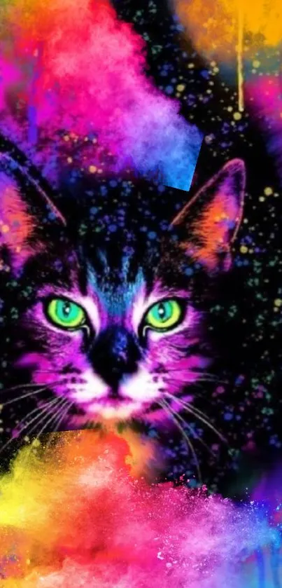 Colorful neon cat wallpaper with bright pinks and greens, perfect for art lovers.