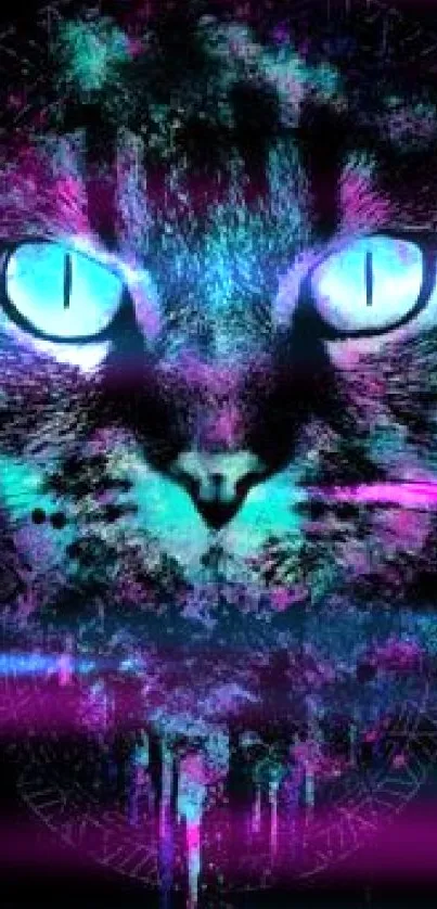 Vivid neon cat art with colorful splashes and a mystical design on black background.