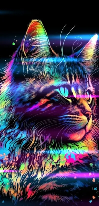 Neon cat in vibrant colors on black background.