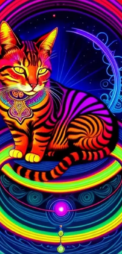 Vibrant neon cat artwork with psychedelic colors and intricate design.