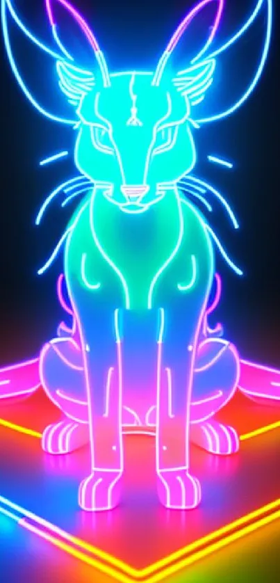 Neon cat design with vibrant blue and pink colors on phone wallpaper.