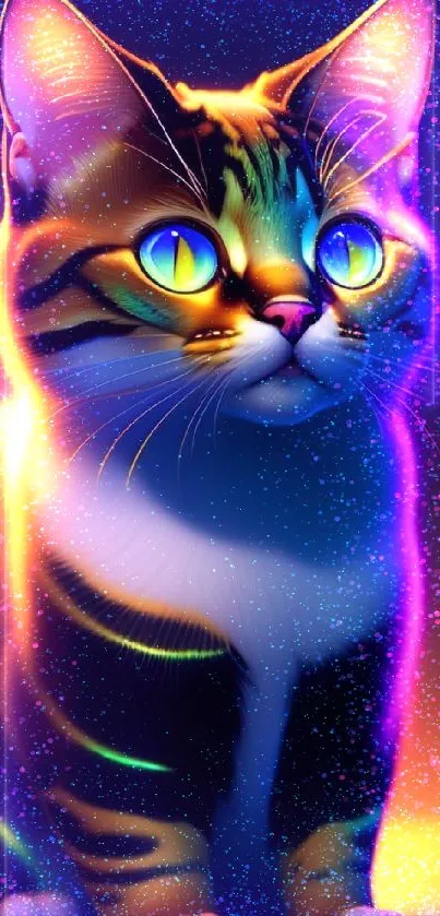 Neon-themed cat with vibrant colors glowing on a mobile wallpaper.