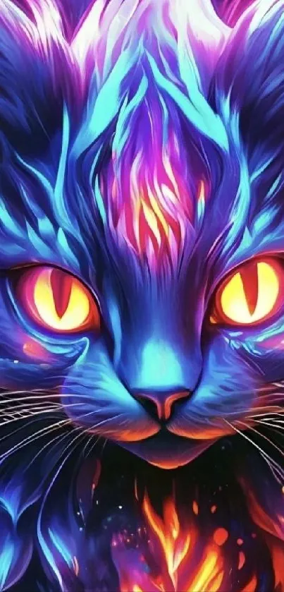 Vibrant neon cat art with psychedelic colors and mystical design for phone wallpaper.