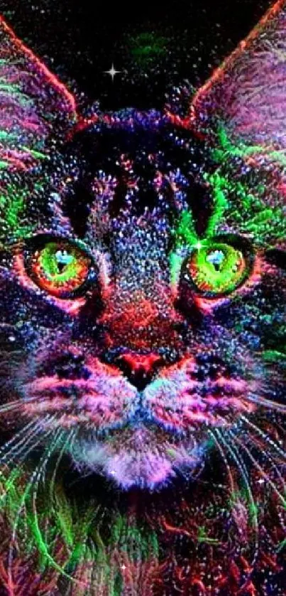 Vibrant neon cat art with colorful glowing eyes on a dark background.