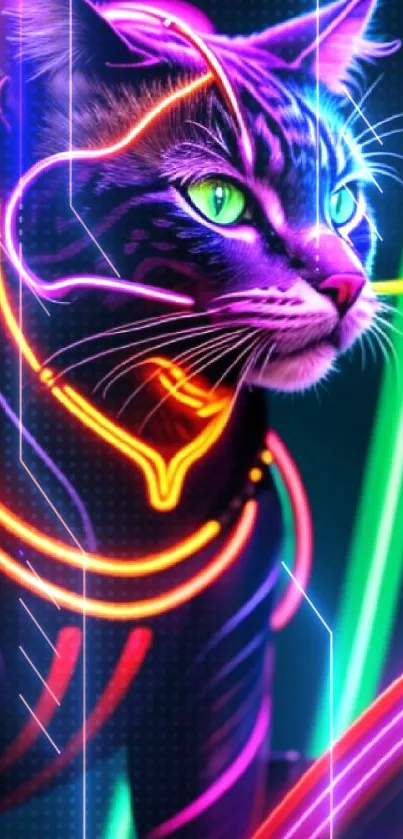 Futuristic neon cat with glowing colors on a dark background.