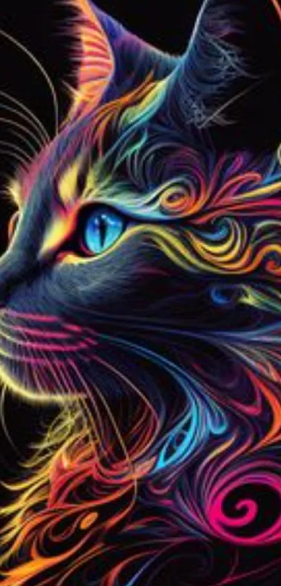 Vibrant neon cat art with intricate designs and vivid colors against a black background.