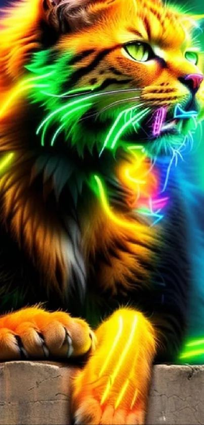 Colorful neon cat with vibrant glowing effects on a dark background.