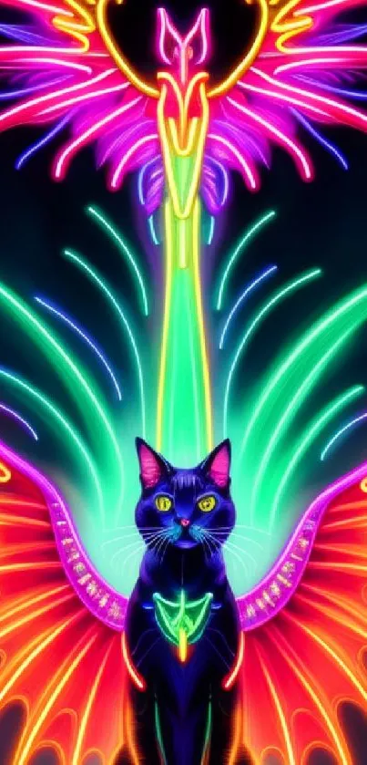 Colorful neon cat with glowing wings and mystical art design.