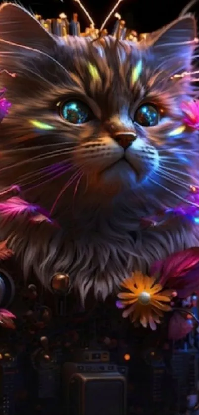 Vibrant cat with neon accents and flowers in a digital artwork.