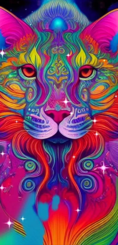 Vibrant psychedelic neon cat art with vivid colors and intricate design.