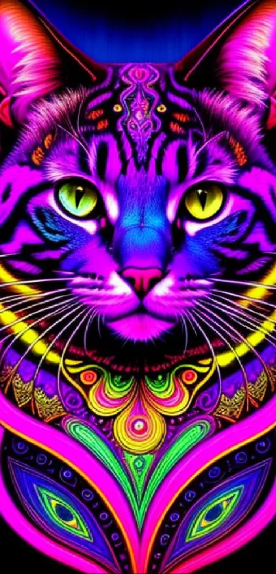 Neon-colored cat art with vibrant patterns and bright, vivid hues.