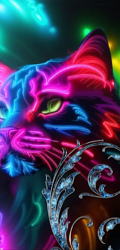 Neon cat art with vibrant glowing colors.