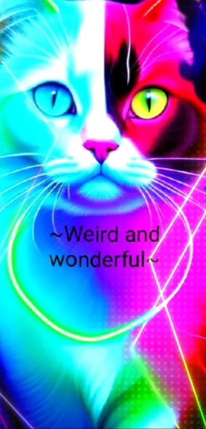 Neon cat art wallpaper with vibrant colors and design.