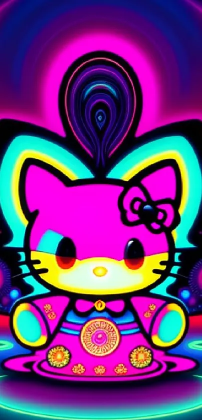 Vibrant neon cat art with psychedelic design, perfect for mobile wallpaper.