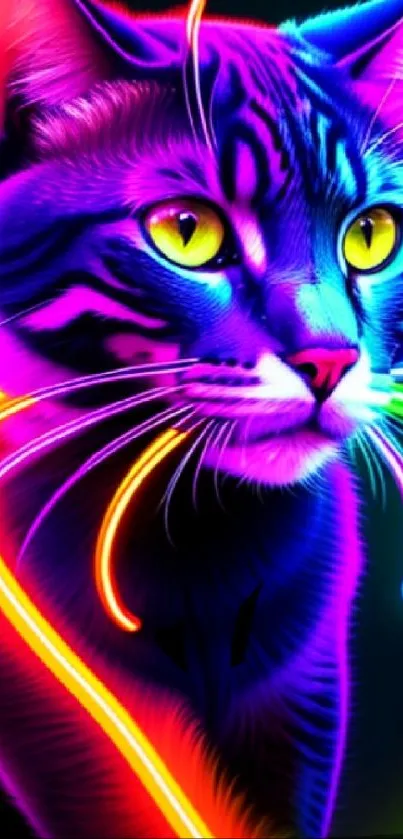 Vibrant neon cat art with colorful glow.