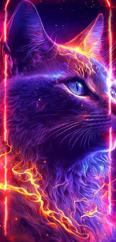 Vibrant neon art of a glowing cat with electrifying colors.