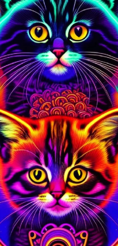 Vibrant neon design with two colorful cats in psychedelic style.