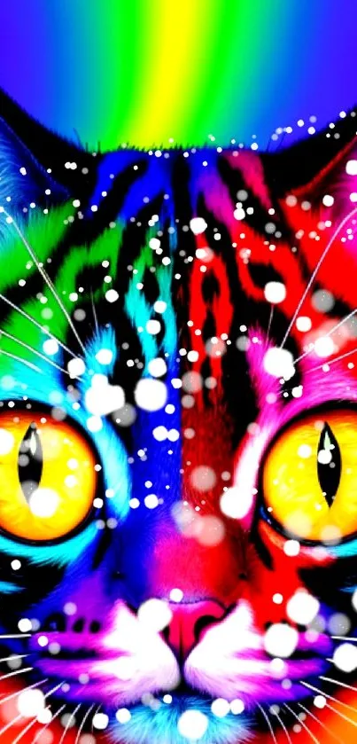 Vibrant neon cat with rainbow colors, perfect for mobile wallpaper.