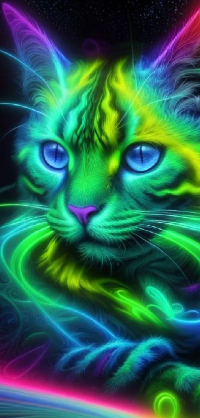 Vibrant neon artwork of a cat with glowing psychedelic colors.