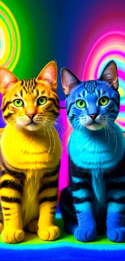 Two vibrant neon cats in a colorful setting.